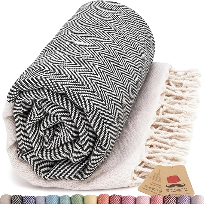 Bazaar Anatolia Turkish Beach Towel 100% Cotton Bath Towels 71x39 Quick Dry Sand Free Lightweight Large Oversized Herringbone Black