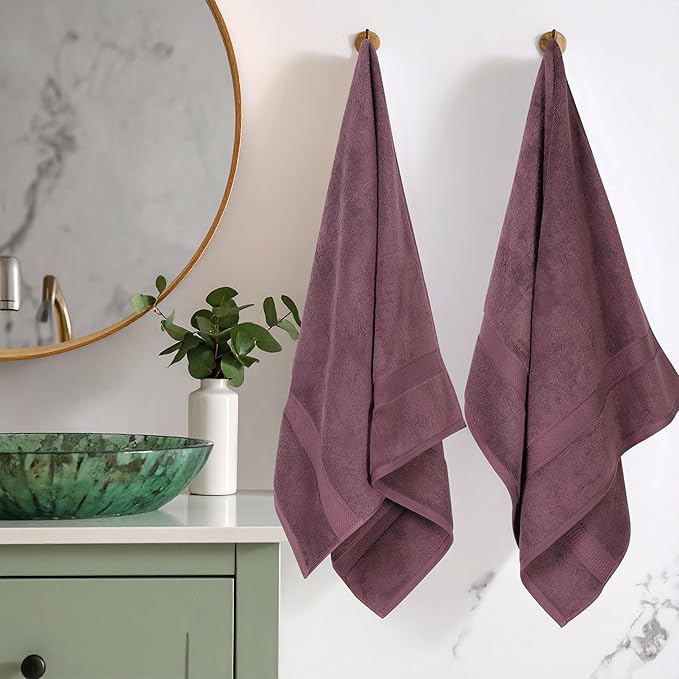 Superior Egyptian Cotton Pile Bath Towel Set of 2, Ultra Soft Luxury Towels, Thick Plush Essentials, Absorbent Heavyweight, Guest Bath, Hotel, Spa, Home Bathroom, Shower Basics, Plum