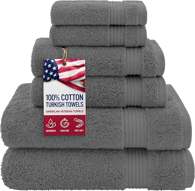 Hotel & Spa Quality Super Absorbent & Soft, Cotton, 6 Piece Turkish Towel Set for Kitchen & Decorative Bathroom Sets Includes 2 Bath Towels 2 Hand Towels 2 Washcloths, Charcoal Grey