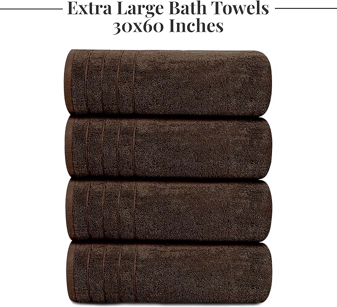 Tens Towels Pack of 4 Extra Large Bath Towels 30 x 60 Inches, 100% Cotton, Larger & Lighter Weight, Quicker to Dry, Super Soft and Absorbent, Perfect for Bathroom, Brown