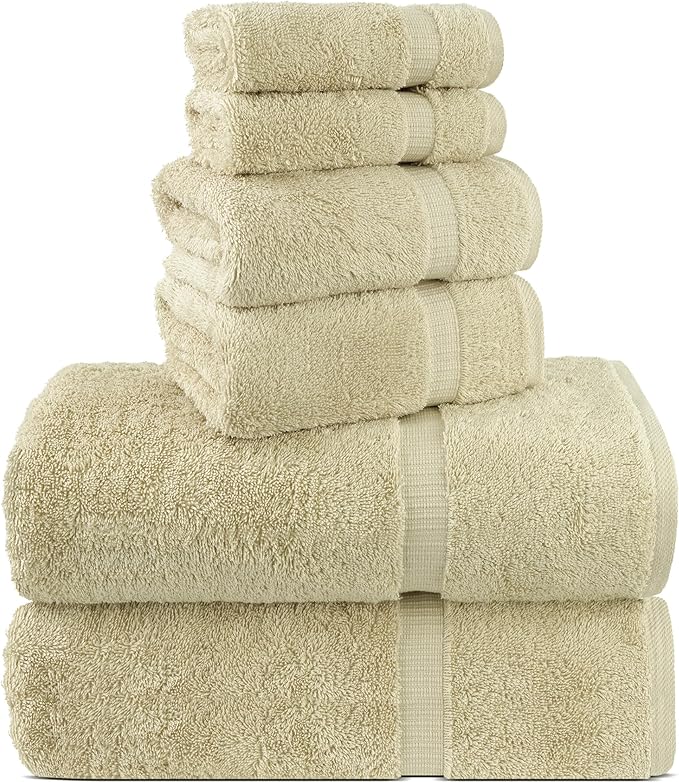 Chakir Turkish Linens 100% Cotton Premium Turkish Towels for Bathroom, 2 Large Bath Towels, 2 Hand Towels, 2 Washcloths (6-Piece Towel Set, Beige)