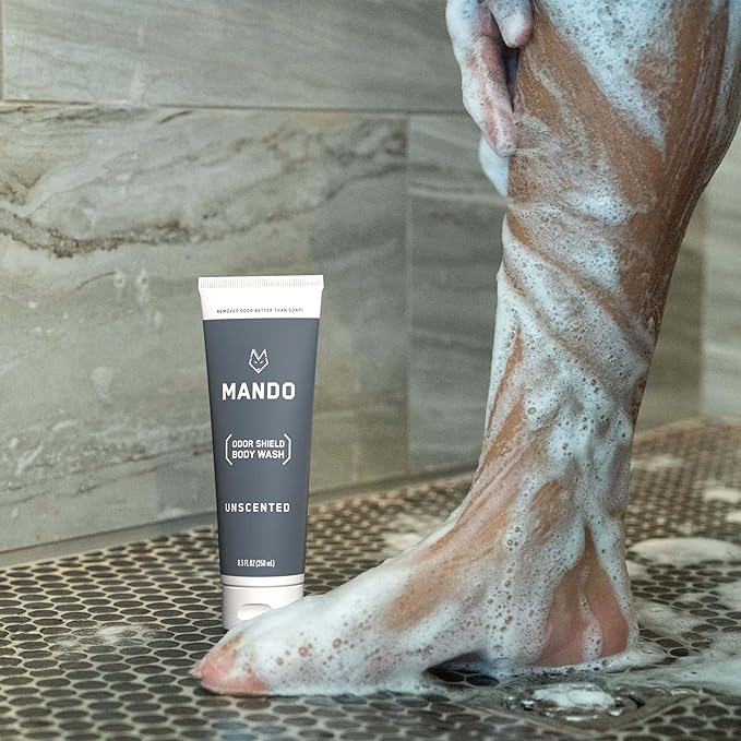 Mando Odor Shield Body Wash - 24 Hour Control - Removes Odor Better than Soap - SLS Free and Paraben Free, Skin Safe - 8.5 Ounce (Unscented)