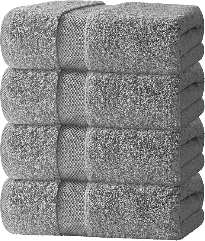 White Classic Luxury Bath Towels Set of 4 Large - 700 GSM Cotton Ultra Soft Bath Towels 27x54 | Highly Absorbent and Quick Dry | Hotel Towels for Bathroom Luxury, Plush Shower Towels, Light Grey