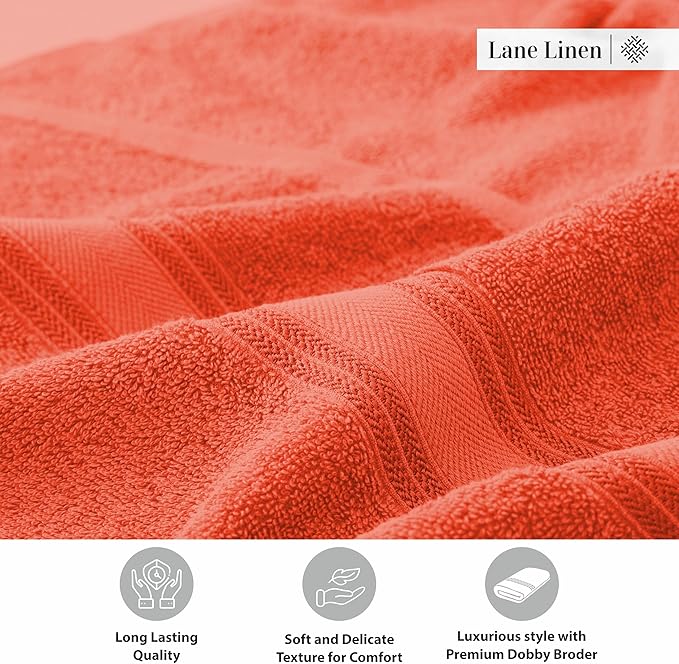 LANE LINEN 100% Cotton Zero Twist, Bath Towels (28"x54") - 4 Pieces - Large Towels for Bathroom - Quick Drying, Soft & Absorbent Large Shower Towel Set - Used in Gym, Hotel, Spa, Home - Living Coral