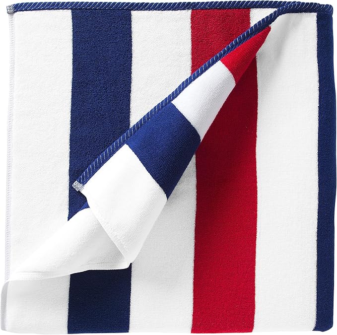Laguna Beach Textile Co. Striped Cabana Beach Towel - Oversized, Plush 630 GSM Cotton - Red, White and Blue
