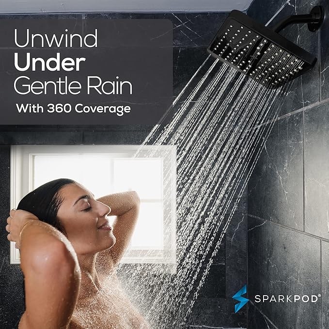 SparkPod Shower Head - High Pressure Rain - Premium Quality Luxury Design - 1-Min Install - Easy Clean Adjustable Replacement for Your Bathroom Shower Heads (Midnight Black Matte, 8 Inch Square)