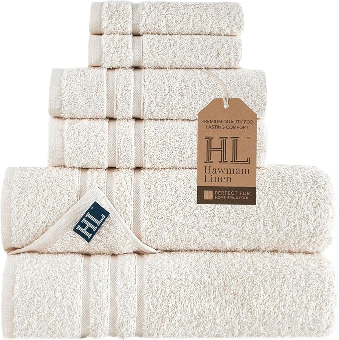 Hawmam Linen Cream 6 Piece Bath Towels Set for Bathroom Original Turkish Cotton Soft, Absorbent and Premium 2 Bath Towels, 2 Hand Towels, 2 Washcloths (Sea Salt)