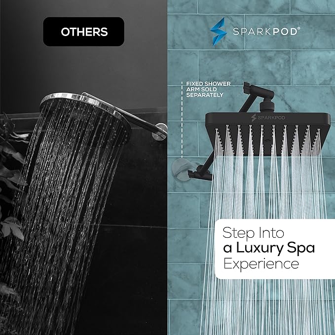 SparkPod Square Rain Shower Head with Shower Head Extension Arm - High Pressure Rain - Luxury Modern Look - No Hassle Tool-less 1-Min Installation (11" Shower Arm Extension, Midnight Black Matte)