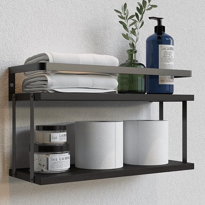 RICHER HOUSE Dual-Level Guardrail Floating Shelves, Rustic Wood Bathroom Shelf Wall Mounted, Over Toilet Paper Storage Shelves for Wall Decor, Bathroom Organizers - Black