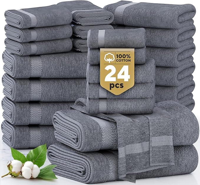 LANE LINEN 100% Cotton Bath Towels Set - 24 PCs - Durable, Quick Dry, Super Soft & Highly Absorbent - 4 Bath, 4 Fingertip, 6 Hand Towels, 8 Washcloths, 2 Bath Sheets - Perfect Family Set - Cool Grey