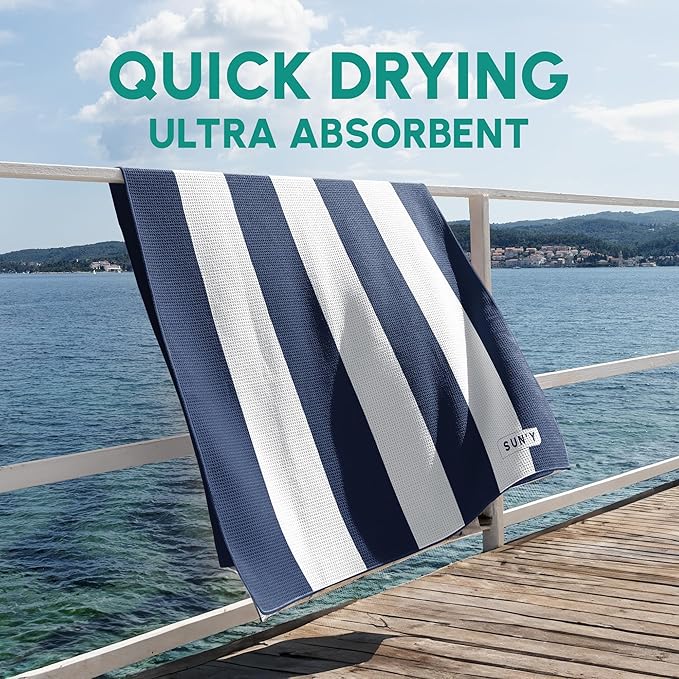 SUN'Y Waffle Microfiber Beach Towel – Sand Free, Quick Dry, Ultra Absorbent, Lightweight & Compact Travel Towel with Carry Bag - Large (63” x 31.5”), Nautical Navy