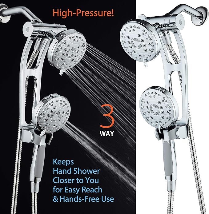 High Pressure 48-mode Luxury 3-way Combo with Adjustable Extension Arm – Dual Rain & Handheld Shower Head – Extra Long 6 Foot Stainless Steel Hose – All Chrome Finish – Top US Brand