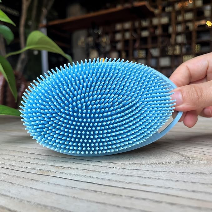 Premium Sensory Brush for Kids or Autism,Soft Silicone Body Scrubber,2 in 1 Sensory Room Occupational Therapy Brushes,Silicone Loofah,Pet Shower Brush Bath Brush Shampoo Brush(hangable-Oval-Blue)