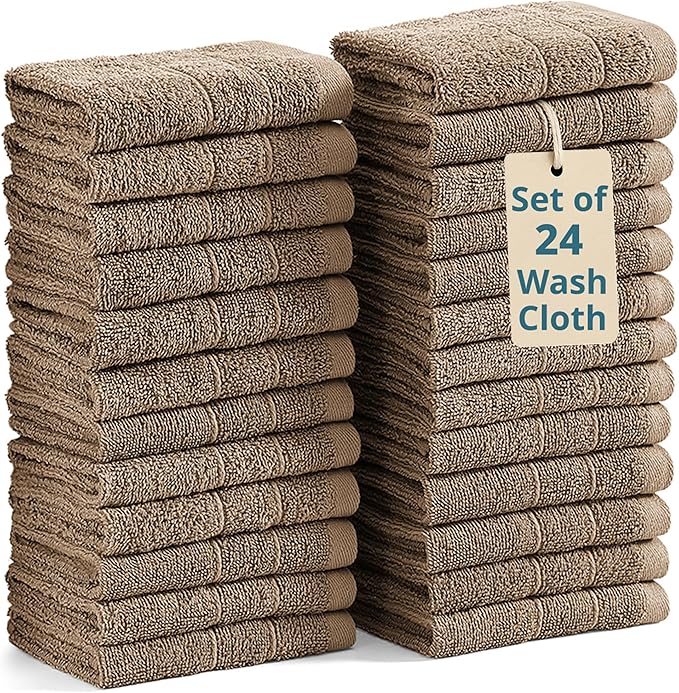 Casa Platino Washcloths 24 Pack - Spa & Salon Quality - 100% Ring Spun Mercerized Cotton Face Towels - Very Soft & Absorbent Wash Cloths for Body, Beauty, Home, Gym - Fingertip Towels - 13"x13", Taupe