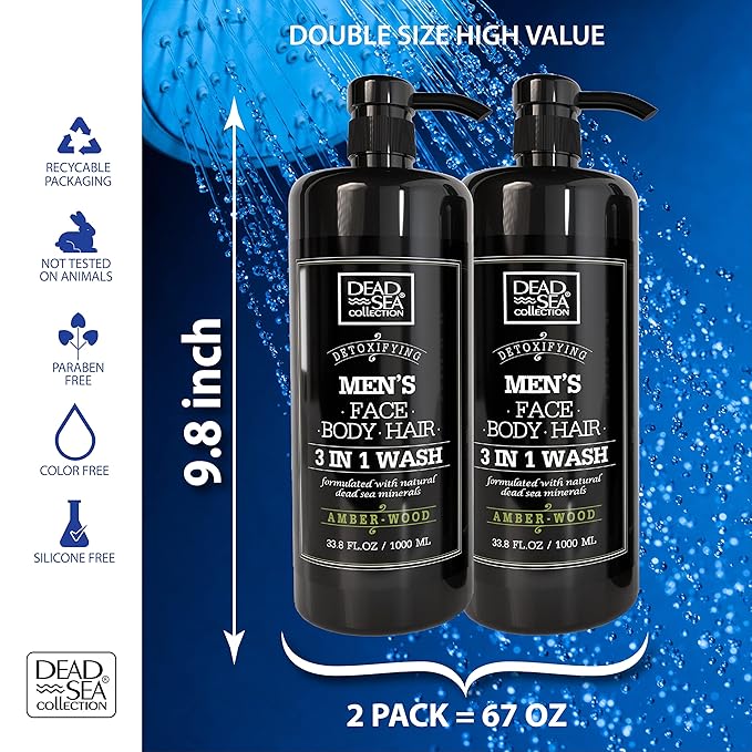 Dead Sea Collection Mens Body Wash 3 in 1 – Amber Wood Body Wash for Men – Shower Gel – Shampoo – Shower Soap for Face and Hair – Pack of 2 Bottles (33.8 Fl. Oz. Each)