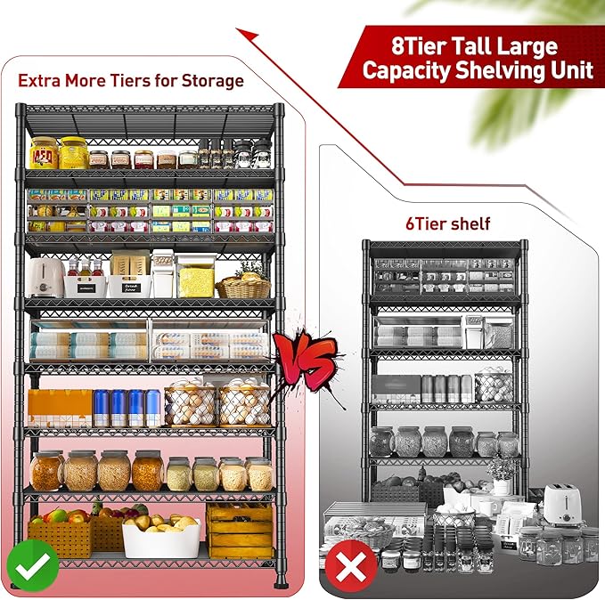 REIBII 8 Tier Metal Shelving 75"H Storage Shelves Tall Wire Shelving Unit Adjustable Detachable Storage Shelves for Laundry Pantry Kitchen Commercial school 1040LBS Storage Rack 75"H X 35"W X 14"D