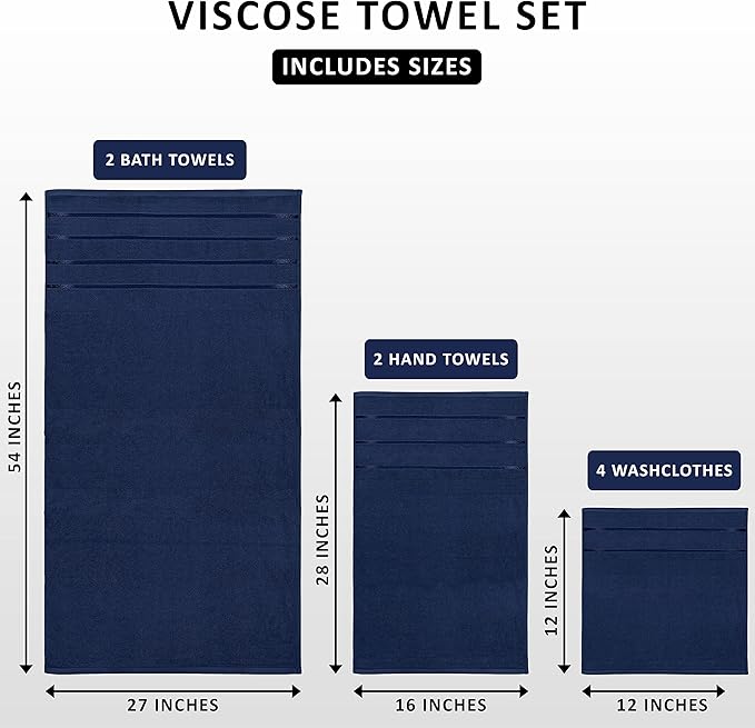 Utopia Towels 8 Piece Luxury Towel Set, 2 Bath, 2 Hand, and 4 Wash Cloths, 600 GSM Ring Spun Cotton, Highly Absorbent Viscose Stripe Towels, Ideal for Everyday use, Navy