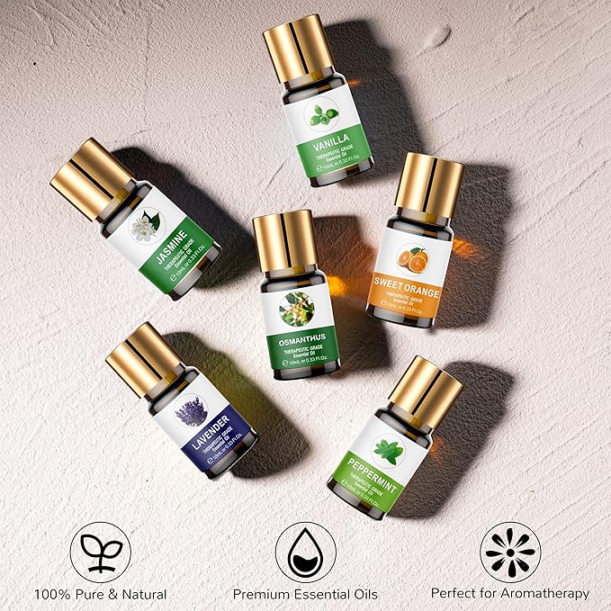 Essential Oils Set, 100% Organic Essential Oil, Lavender, Ylang Ylang, Tea Tree, Eucalyptus Scented Oil, Essential Oils for Diffusers for Home, Candle Making, Humidifiers (8)
