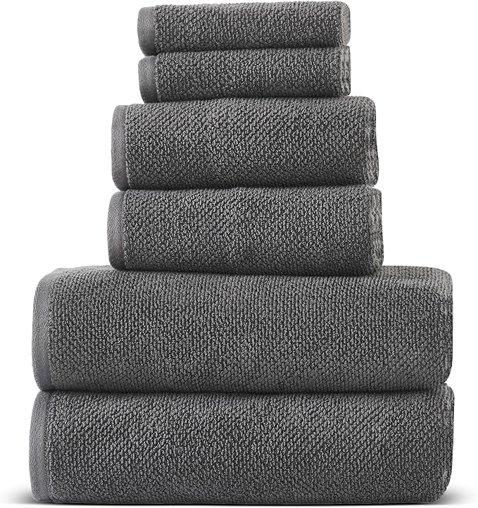 6 Piece Towel Set, 680 GSM 100% Cotton, Premium Quality - 2 Bath Towels, 2 Hand Towels, 2 Wash Cloths-Ultra Soft, Super Absorbent Popcorn Textured Weaved for Home, Spa, Hotels, Bathroom - Charcoal