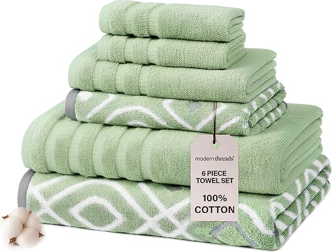 Modern Threads Oxford 6-Piece 100% Cotton Towel Set – Yarn Dyed Jacquard & Solid – Includes 2 Bath Towels, 2 Hand Towels, 2 Washcloths – Absorbent, Quick Dry, Soft & Durable – Sage Green