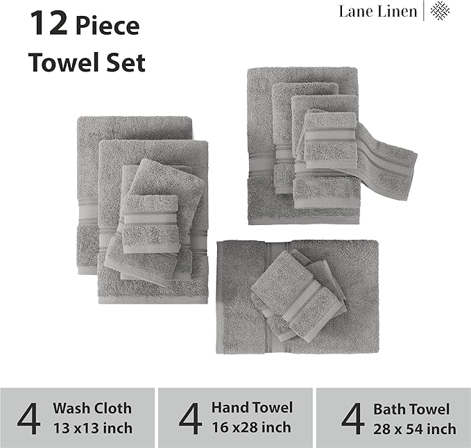 LANE LINEN Bath Towel Set of 12 – Premium 100% Cotton Mercerized, 4 Bath, 4 Hand & 4 Washcloth, Zero Twist Hotel Collection Towels Soft, Gentle on Body, Absorbent & Ideal for Everyday Use – Grey