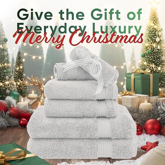 American Veteran Towel, 6 Piece Towel Set for Bathroom, 100% Cotton Turkish Bathroom Towels, 2 Bath Towels 2 Hand Towels 2 Washcloths, Silver Grey