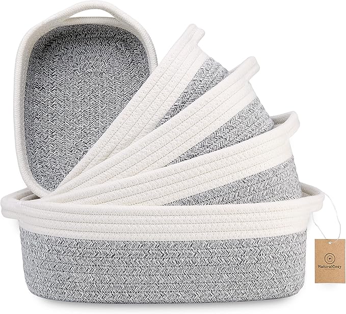 NaturalCozy 5-Piece Rectangle Storage Basket Set- Natural Cotton Rope Woven Baskets for Organizing! Small Basket for Montessori, Baby Nursery, Dog Toy Baskets, Cat Toy Box, Bathroom Organization Bin