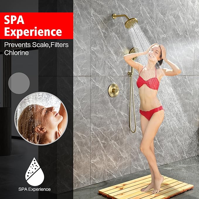 SUMERAIN Brushed Gold Shower System with Filtered Handheld Shower Head, Wall Mounted Shower Faucet Complete Combo with Shower Valve