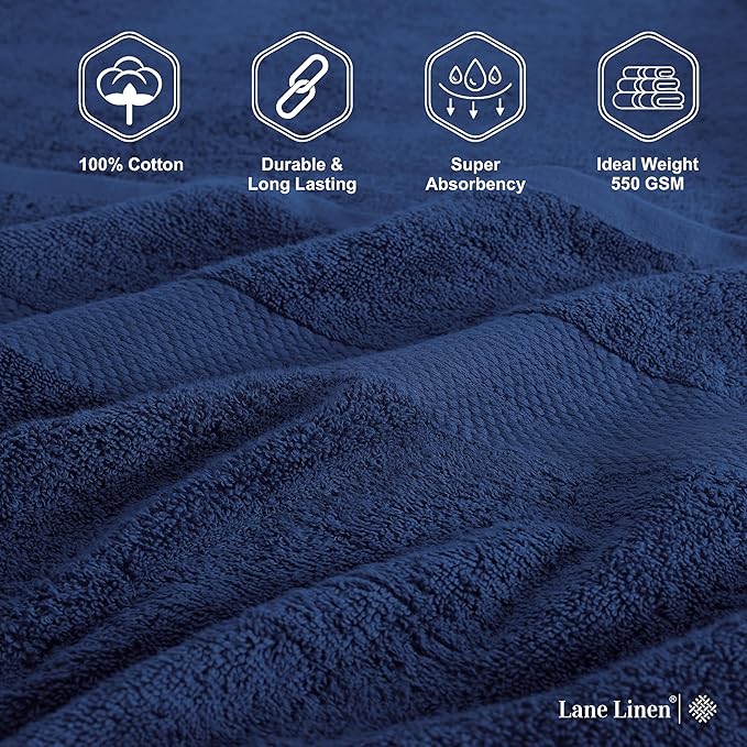 LANE LINEN 100% Cotton Bathroom Towel Set - 6 Pieces - Ring Spun, Super Soft & Highly Absorbent - 2 Bath, 2 Washcloths, 2 Hand Towels for Bathroom - Minimal Lint & Fading, Pre Shrunk - Navy Blue