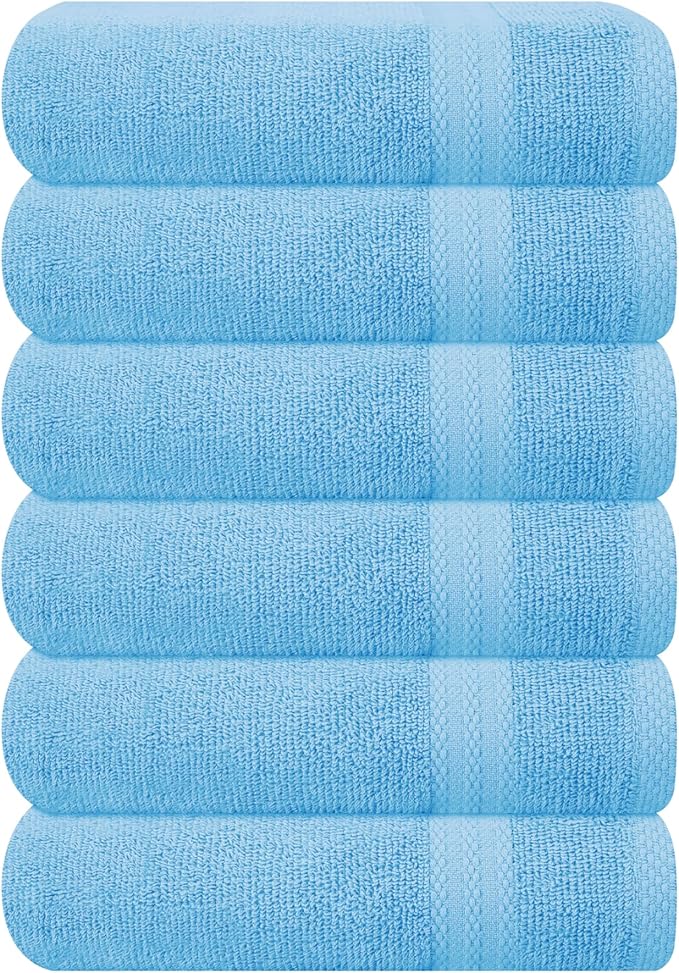 GLAMBURG Ultra Soft 6-Piece Hand Towel Set 16x28-100% Ringspun Cotton - Durable & Highly Absorbent Hand Towels - Ideal for use in Bathroom, Kitchen, Gym, Spa & General Cleaning - Sky Blue