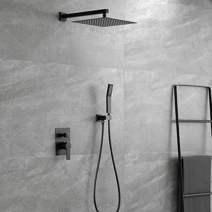 SHAMANDA Brass Rainfall Shower System, Luxuly Bathroom Shower Faucet Combo Set Matte Black (Including Rough-In Valve Body and Trim), L7001-7