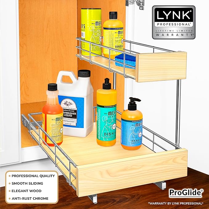 LYNK PROFESSIONAL® SELECT™ Pull Out Under Sink Kitchen Cabinet Organizer - 11.5 in. x 18 inch deep Drawer - Sliding Shelf Organizer and Undersink Storage Shelves - Lifetime Ltd. Warranty – Chrome
