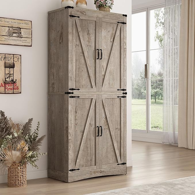 71" Tall Kitchen Pantry,Farmhouse Storage Cabinet with Adjustable Shelves,Load-Bearing Steel Pipe,Farmhouse Pantry Cabinet with 4 Barn Doors,for Kitchen,Dining Room,Living Room(Light Rustic Oak)