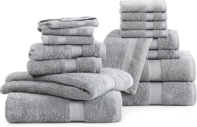 LANE LINEN 100% Cotton Luxury Bathroom Towel Set - 16 Pcs - Ring Spun, Quick Dry, Super Soft & Highly Absorbent - 4 Bath, 8 Washcloths, 4 Hand Towels - Pre Shrunk, Can be Used in Salon - Space Grey