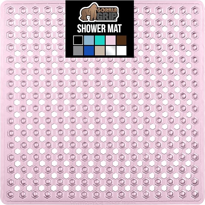 GORILLA GRIP Patented Square Shower Stall Mat, Small Bathtub Floor Mats for Stand Up Showers, Suction Cups and Drainage Holes, Machine Wash, Soft on Feet, Bathroom Accessories 21x21 Inch, Light Pink