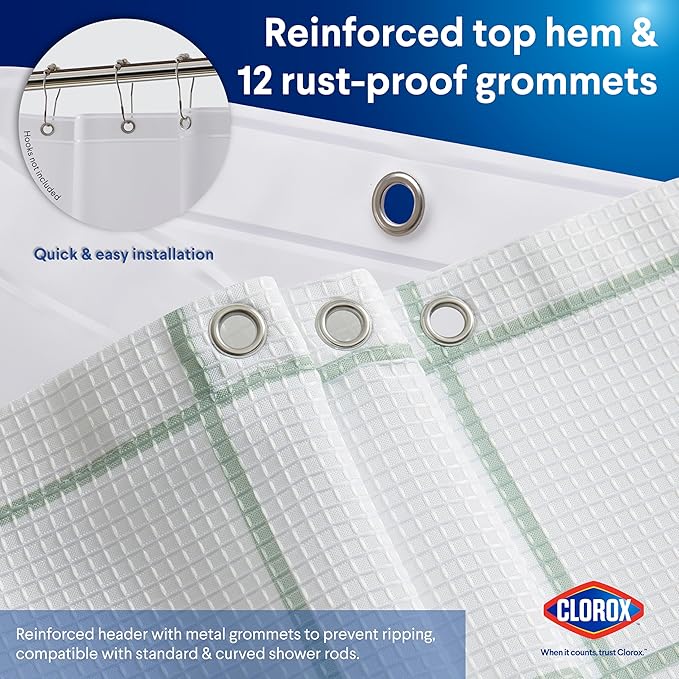 CLOROX Bathroom Waffle Windowpane Pattern Shower Curtain with Waterproof Lightweight PEVA Liner Set, Standard Size, Metal Grommets, No Hooks 72" x 72" - 2 Pc Set - Sage Green w Frosty PEVA