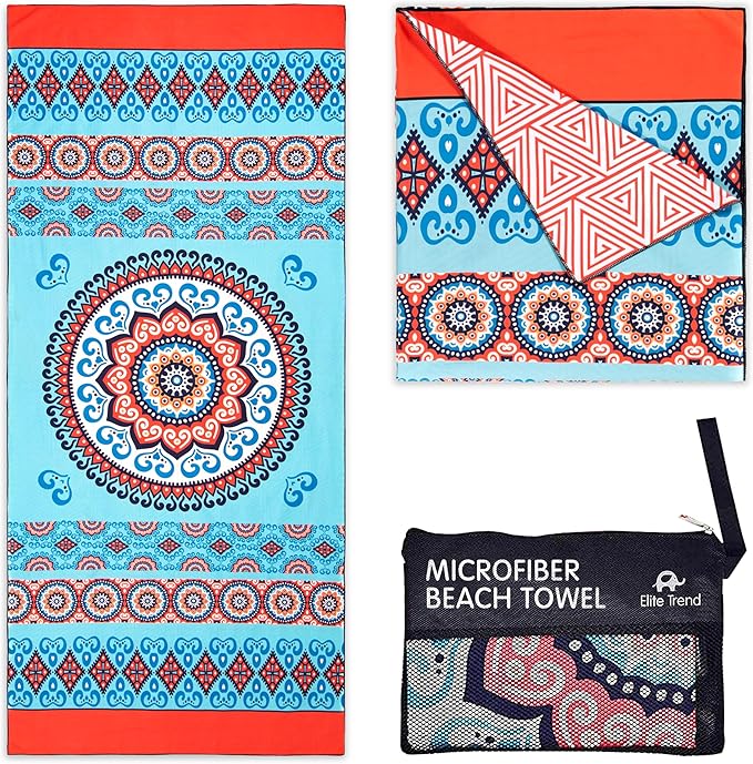 Elite Trend Microfiber Beach Towel for Adults with Bag - Extra Large 78x35 Inch Lightweight Sand Free Quick Dry Towel for Travel, Swimming, Yoga, Camping (Mandala Coral)