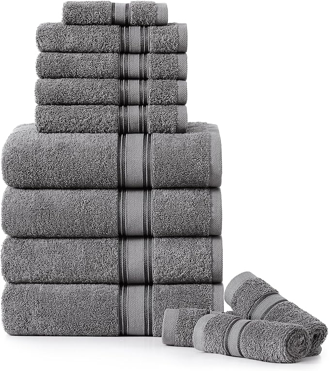 LANE LINEN Towel Set of 12 – 100% Mercerized Cotton, Zero Twist, 4 Large Bath Towel, 4 Hand Towels & 4 Wash Cloths, Quick Dry & Long-Lasting, Perfect for Family Bathrooms, Easy Care – Cool Grey