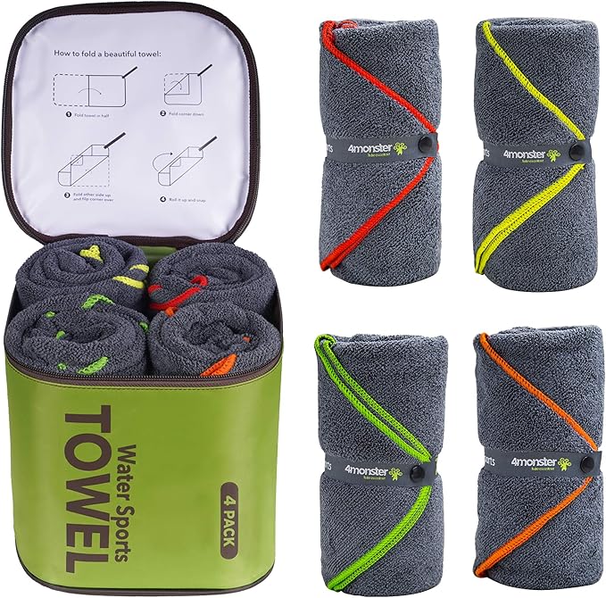 4Monster 4 Pack Microfiber Camping Towel Quick Dry, Super Absorbent Travel Towel with Waterproof Bag, Lightweight Boat Towel for RV, Sport, Gym, Beach, Pool, Swim,Family Trip