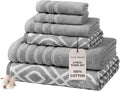 Modern Threads Oxford 6-Piece 100% Cotton Towel Set – Yarn Dyed Jacquard & Solid – Includes 2 Bath Towels, 2 Hand Towels, 2 Washcloths – Absorbent, Quick Dry, Soft & Durable – Gray