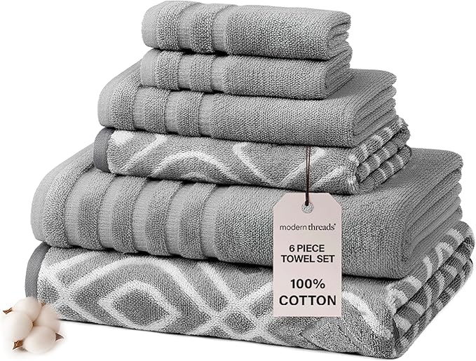 Modern Threads Oxford 6-Piece 100% Cotton Towel Set – Yarn Dyed Jacquard & Solid – Includes 2 Bath Towels, 2 Hand Towels, 2 Washcloths – Absorbent, Quick Dry, Soft & Durable – Gray