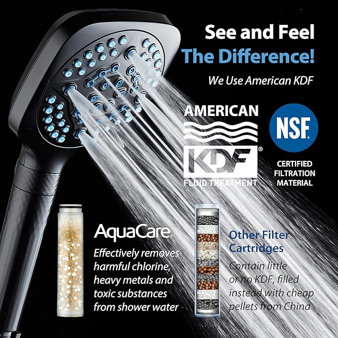AquaCare 4X High Pressure 10 Spray Mode Filtered Showerhead - Handheld Shower Head Filters Chlorine to Heal Dry Skin, Revive Hair - Dual Power Wash Cleans Tub, Tile, Pets - Hard Water Softener, Black