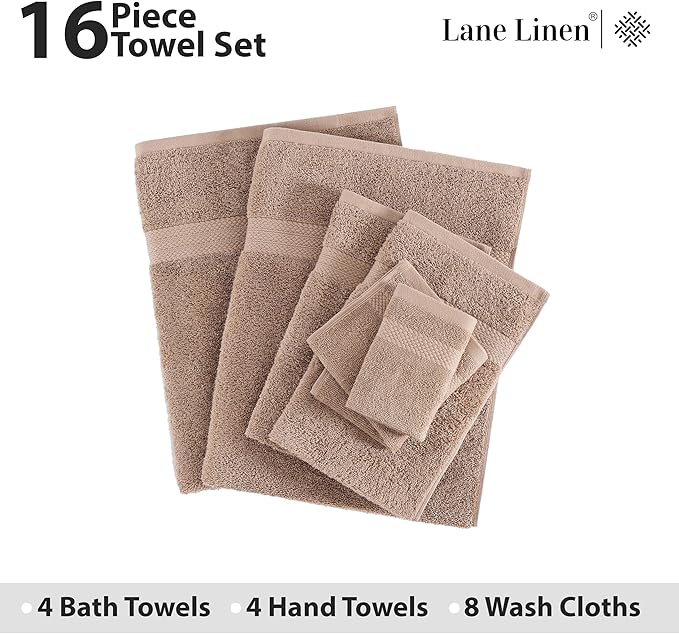 LANE LINEN 100% Mercerized Cotton Bathroom Towel Set - 16 Pieces - Fluffy, Super Soft & Highly Absorbent - 4 Bath Towels, 8 Washcloths, 4 Hand Towels - Ring Spun, Double Sided Cotton Terry - Taupe