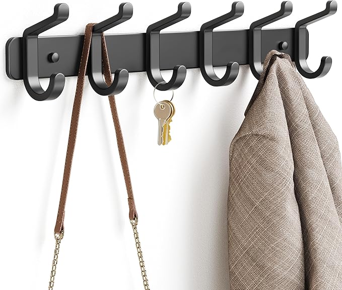 pickpiff Coat Rack Wall Mounted Heavy-Duty: Metal Coat Hanger 6 Hooks for Hanging Hat, Clothes, Robe, Keys, Backpack, Bathroom Towels, Jacket, Purse - Closet, Door, Entryway, Mudroom (Black, 1 Pack)