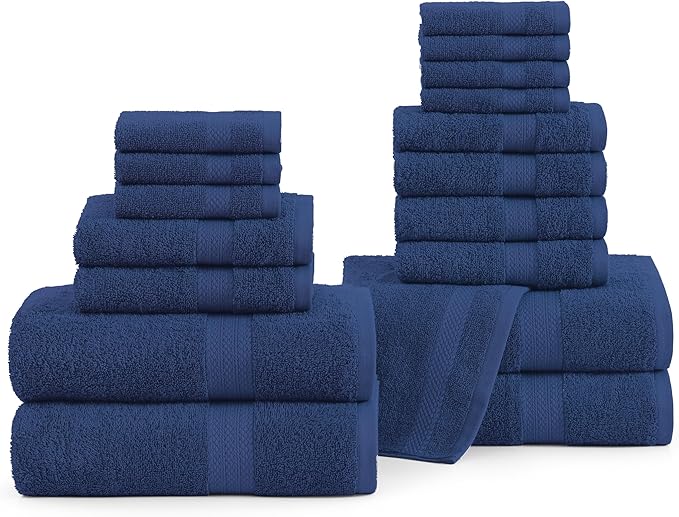LANE LINEN 100% Ringspun Cotton Premium Turkish Bath Towel Set, 18Cs - 4 Bath Towels, 8 Washcloths, 6 Hand Towels for Bathroom - Eco Friendly & Gentle on Skin, Oeko-Tex Certified - Navy Blue
