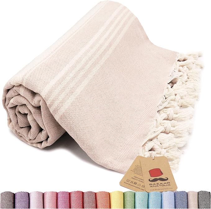 Bazaar Anatolia Turkish Beach Towel – 100% Cotton, Quick Dry, Sand Free Towel for Bathroom, Travel, Camping – Oversized 71x39 Inches – Stripe Beige