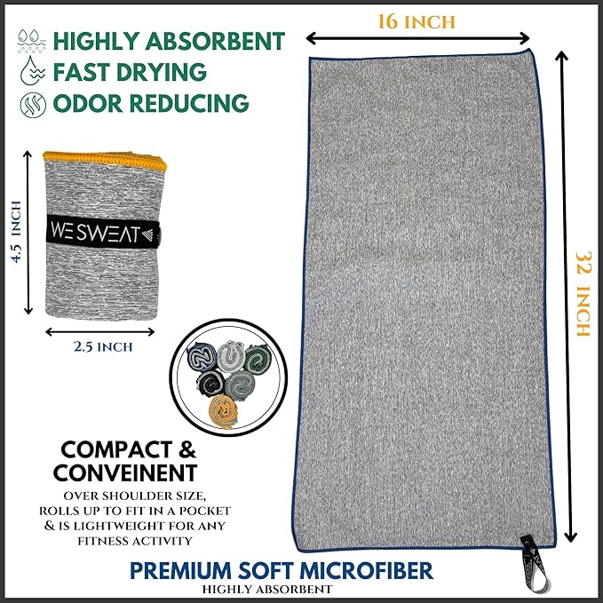 We Sweat’s Microfiber Gym Towels (6 Pack), Silver ION Odor-Free Soft and Absorbent, Sweat Towels for Gym, Travel, Hiking, Working Out, Camping, Sweat Towel (32" x 16")