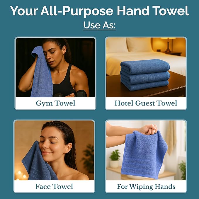 Casa Platino 100% Cotton Hand Towels for Bathroom Set of 6 (16"x28") - Spa & Hotel Quality - Ring Spun - Quick Dry, Soft & Absorbent Bath Hand Towel 6 Pack - Suitable for All Skin Type - Cerulean Blue