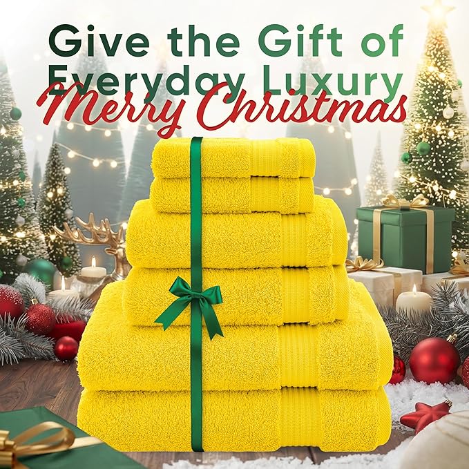 American Veteran Towel, 100% Cotton Turkish 6 Piece Towel Set, Luxury Towels Set of 6 for Bathroom Essentials, 2 Bath Towels 2 Hand Towels 2 Washcloths, Yellow