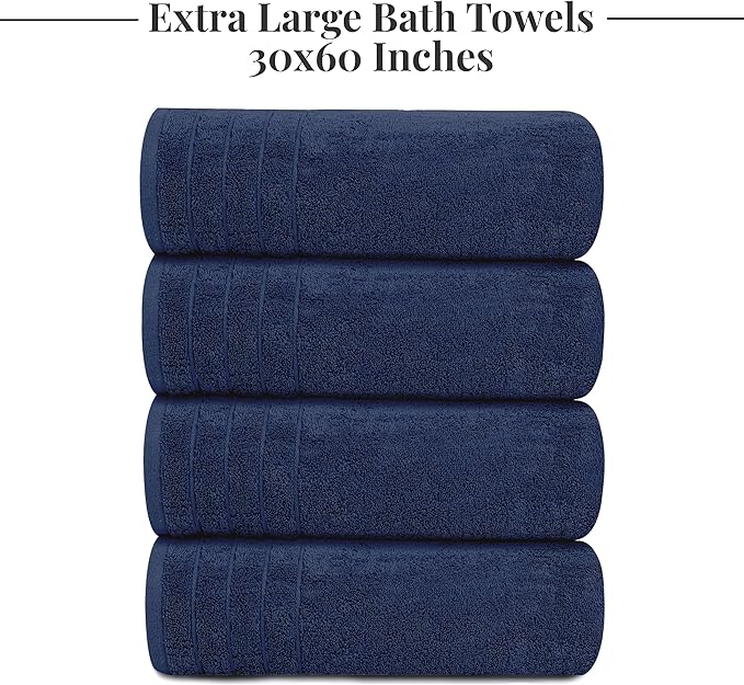 Tens Towels Pack of 4 Extra Large Bath Towels 30 x 60 Inches, 100% Cotton, Larger & Lighter Weight, Quicker to Dry, Super Soft and Absorbent, Perfect for Bathroom, Navy